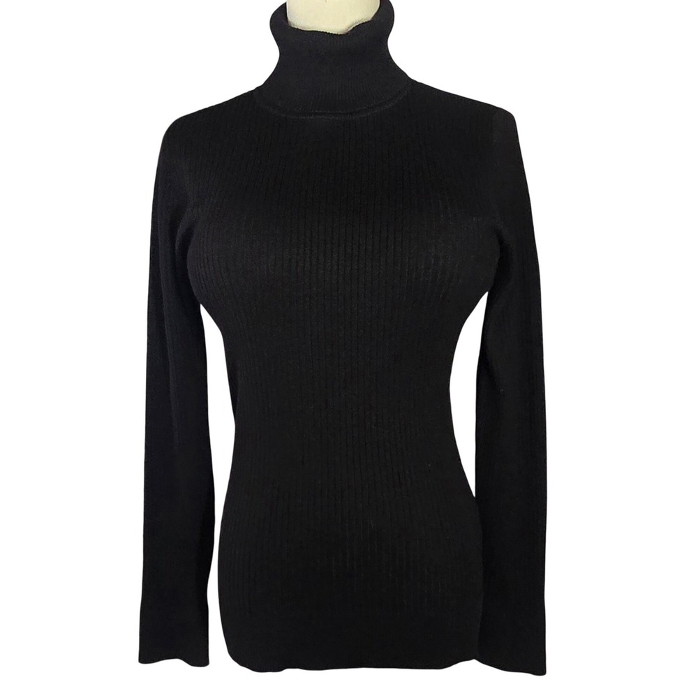 DKNY Womens Black Ribbed Turtleneck Long Sleeve Slim Fit Knit Sweater S classic